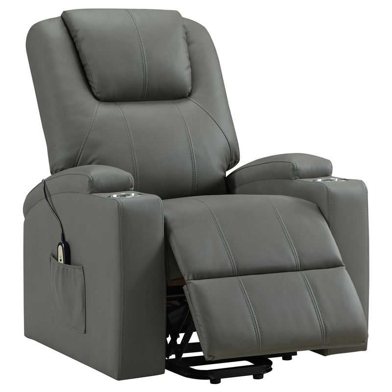 Pemberly Row Transitional Faux Leather Power Lift Massage Recliner in Gray