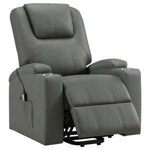 Pemberly Row Transitional Faux Leather Power Lift Massage Recliner in Gray