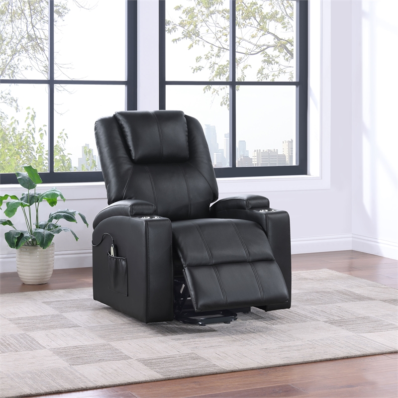 Pemberly Row Upholstered Faux Leather Power Lift Massage Recliner in Black