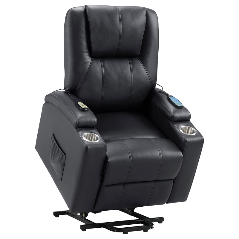 Pemberly Row Upholstered Faux Leather Power Lift Massage Recliner in Black