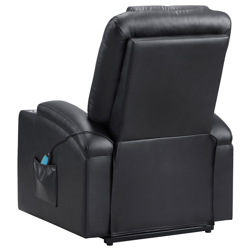 Pemberly Row Upholstered Faux Leather Power Lift Massage Recliner in Black