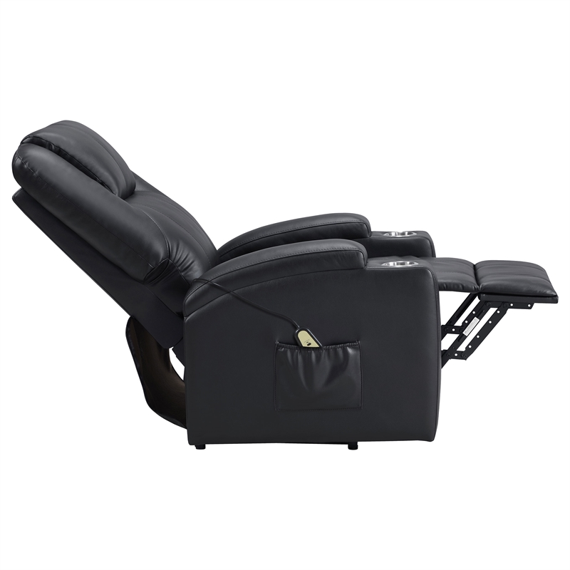 Pemberly Row Upholstered Faux Leather Power Lift Massage Recliner in Black