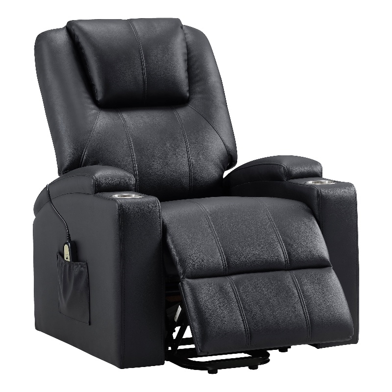 Pemberly Row Upholstered Faux Leather Power Lift Massage Recliner in Black
