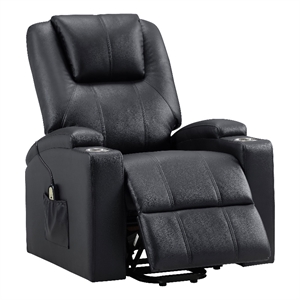 Pemberly Row Upholstered Faux Leather Power Lift Massage Recliner in Black