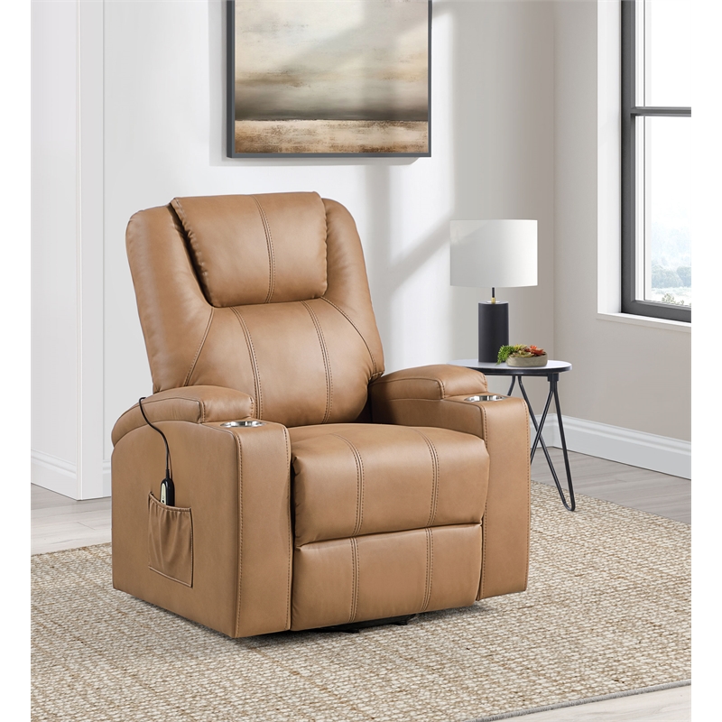 Pemberly Row Upholstered Faux Leather Power Lift Massage Recliner in Camel