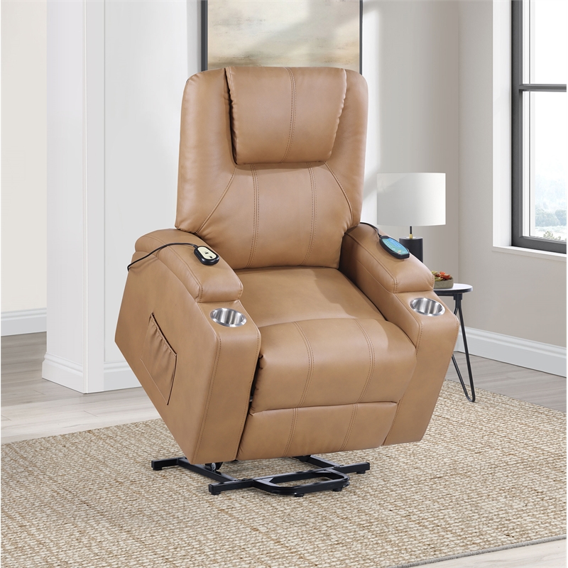 Pemberly Row Upholstered Faux Leather Power Lift Massage Recliner in Camel