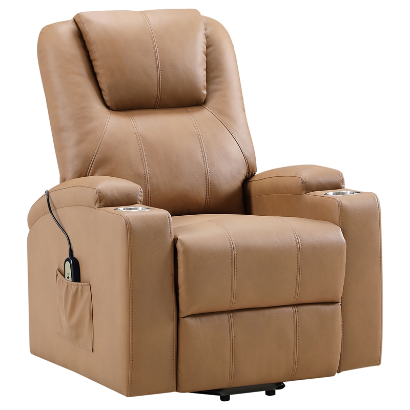 Pemberly Row Upholstered Faux Leather Power Lift Massage Recliner in Camel