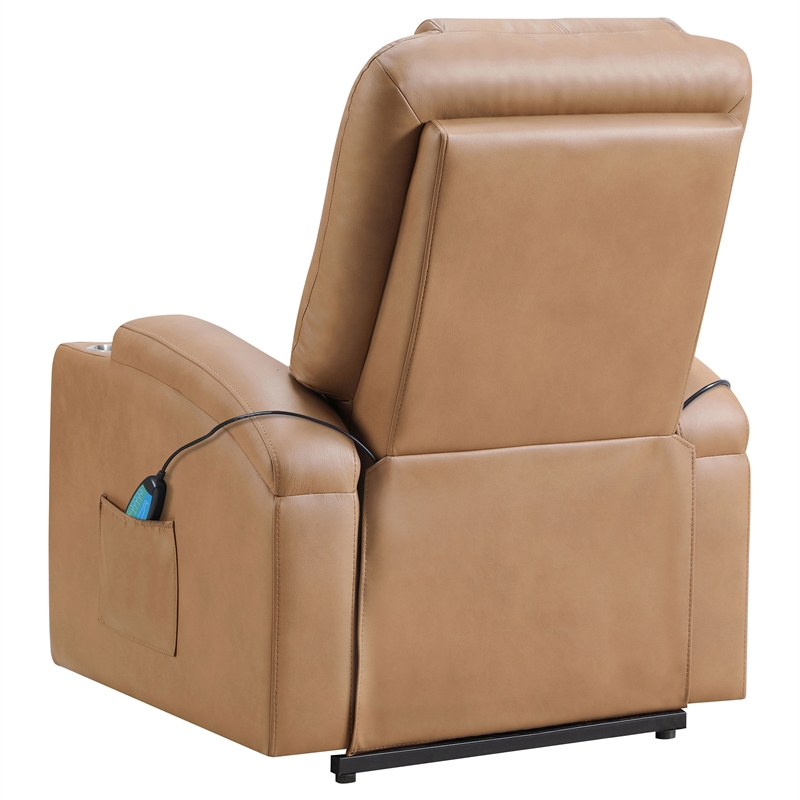 Pemberly Row Upholstered Faux Leather Power Lift Massage Recliner in Camel