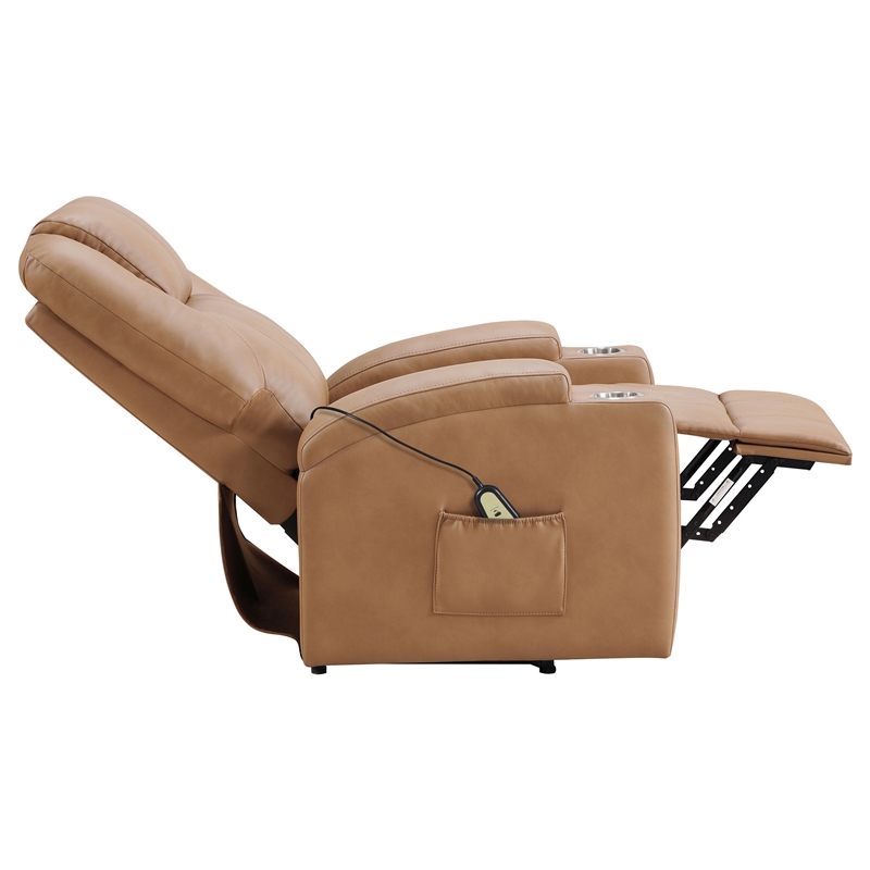 Pemberly Row Upholstered Faux Leather Power Lift Massage Recliner in Camel