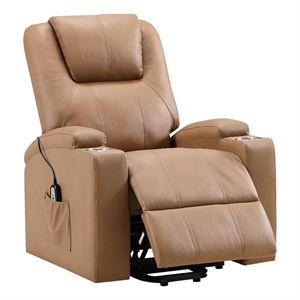 Pemberly Row Upholstered Faux Leather Power Lift Massage Recliner in Camel
