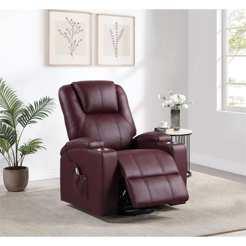 Pemberly Row Upholstered Faux Leather Power Lift Massage Recliner in Wine