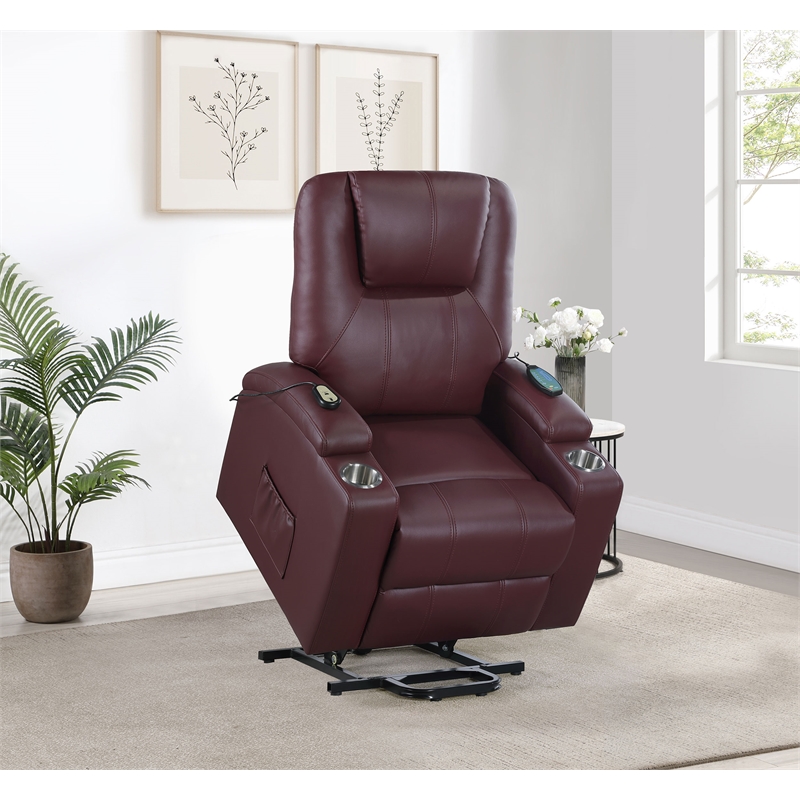 Pemberly Row Upholstered Faux Leather Power Lift Massage Recliner in Wine