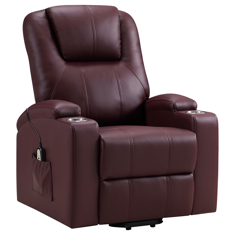 Pemberly Row Upholstered Faux Leather Power Lift Massage Recliner in Wine