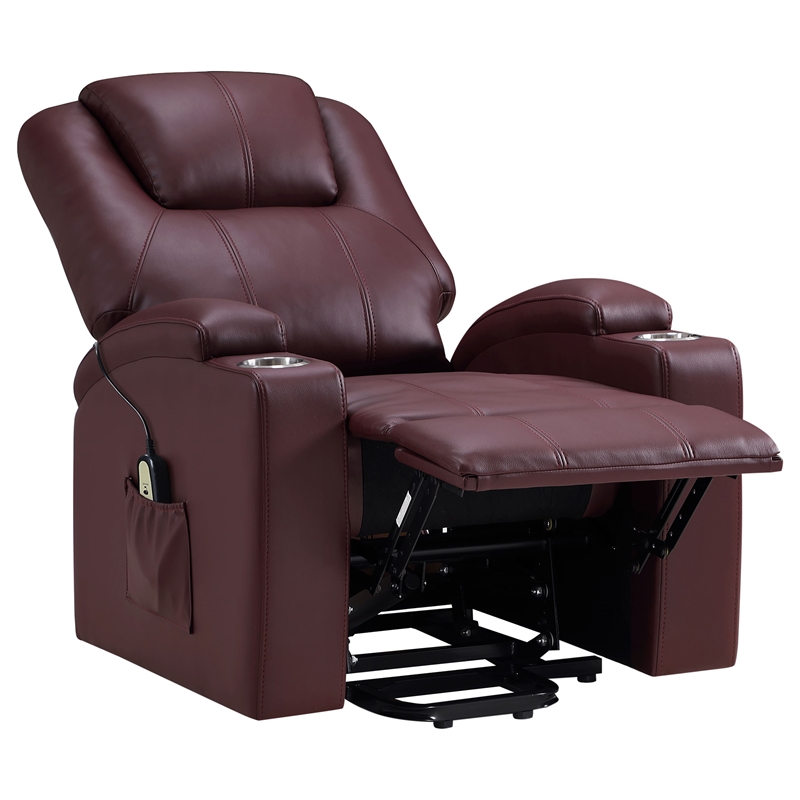 Pemberly Row Upholstered Faux Leather Power Lift Massage Recliner in Wine