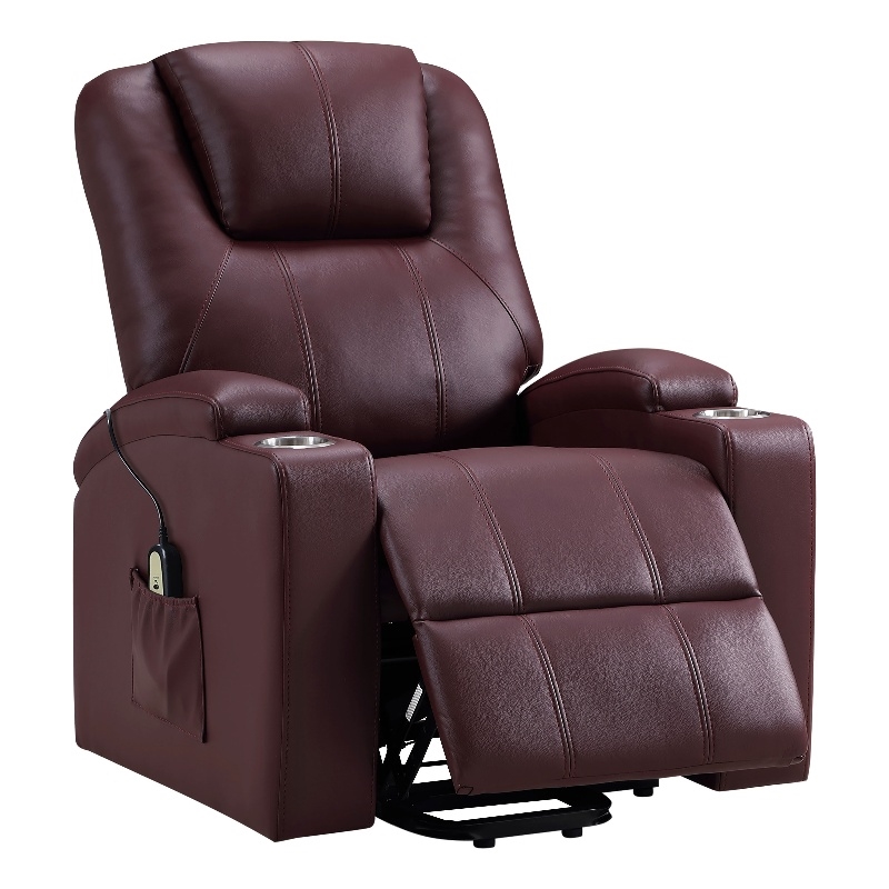 Pemberly Row Upholstered Faux Leather Power Lift Massage Recliner in Wine