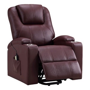 Pemberly Row Upholstered Faux Leather Power Lift Massage Recliner in Wine