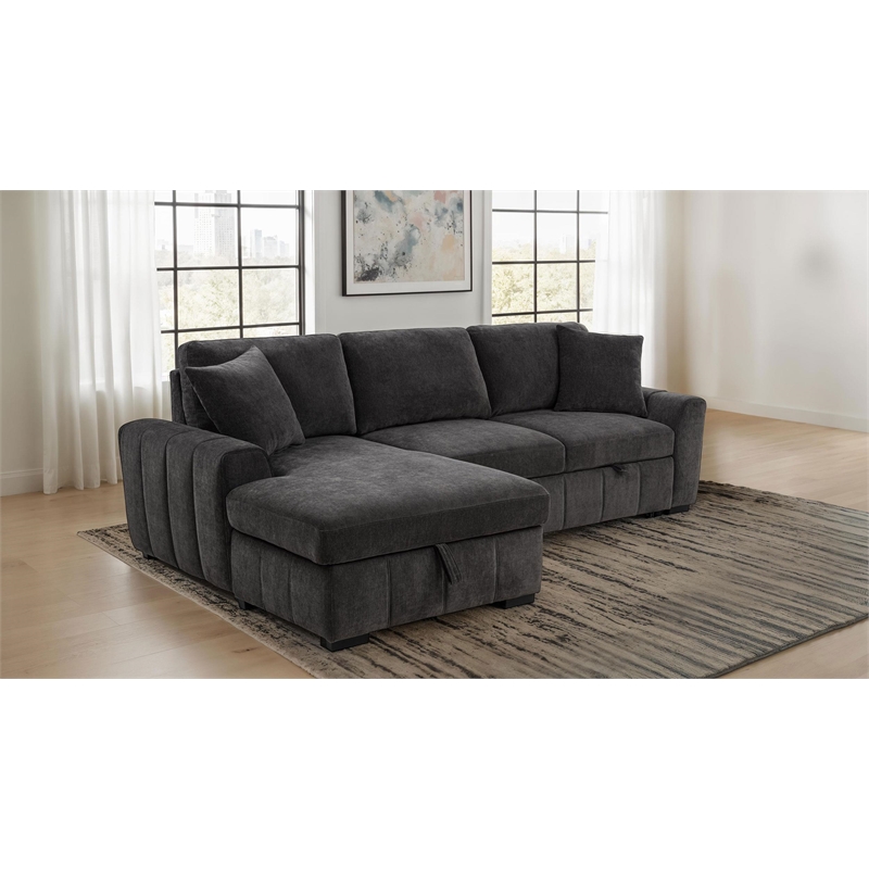 Pemberly Row Fabric Upholstered Sleeper Sectional Sofa LAF Chaise in Gray