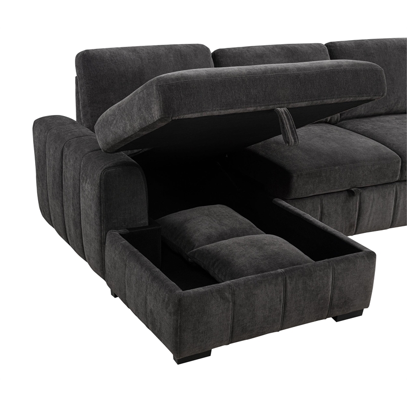 Pemberly Row Fabric Upholstered Sleeper Sectional Sofa LAF Chaise in Gray