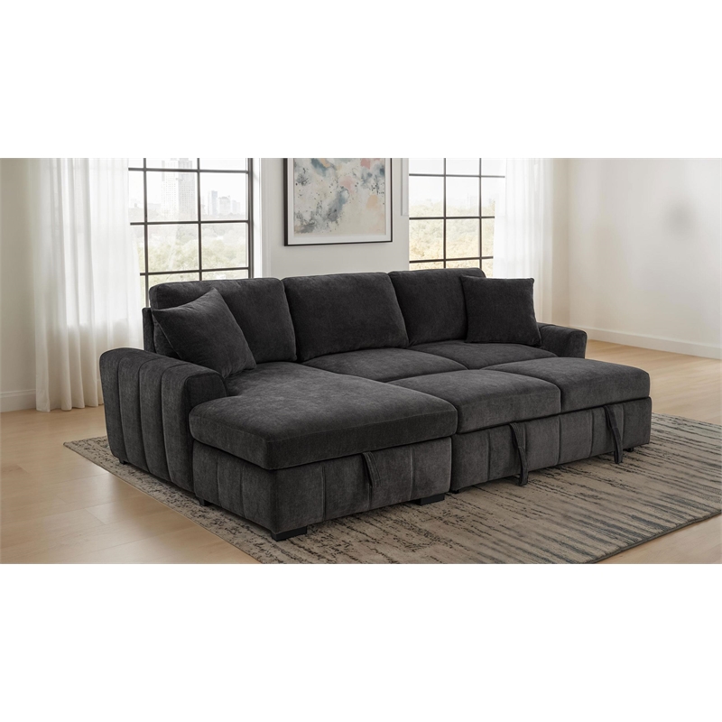Pemberly Row Fabric Upholstered Sleeper Sectional Sofa LAF Chaise in Gray