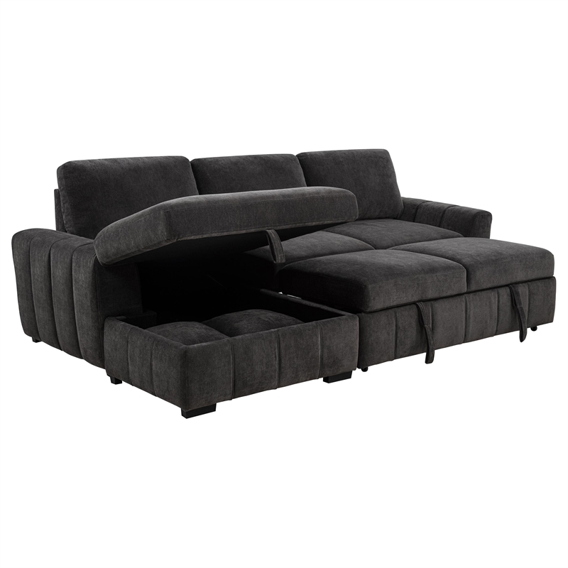 Pemberly Row Fabric Upholstered Sleeper Sectional Sofa LAF Chaise in Gray