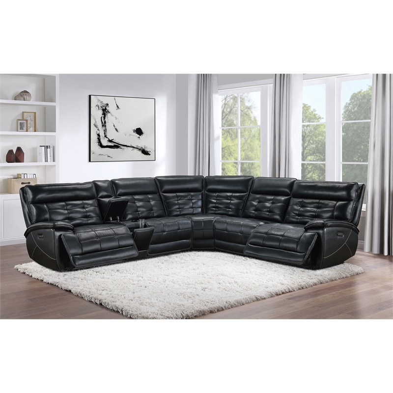 Pemberly Row 3-Piece Leather Dual Power Reclining Sectional Sofa in Black