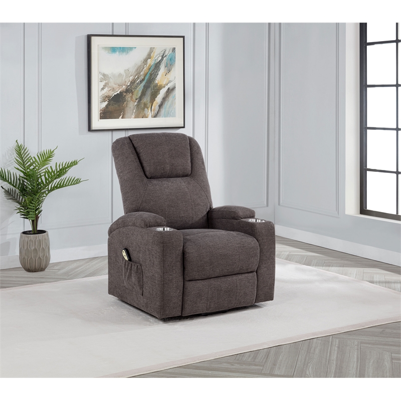 Pemberly Row Transitional Chenille Power Lift Massage Chair in Brown