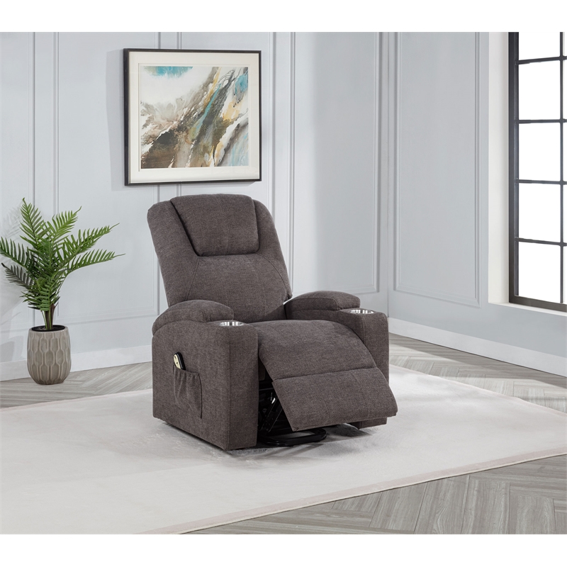 Pemberly Row Transitional Chenille Power Lift Massage Chair in Brown