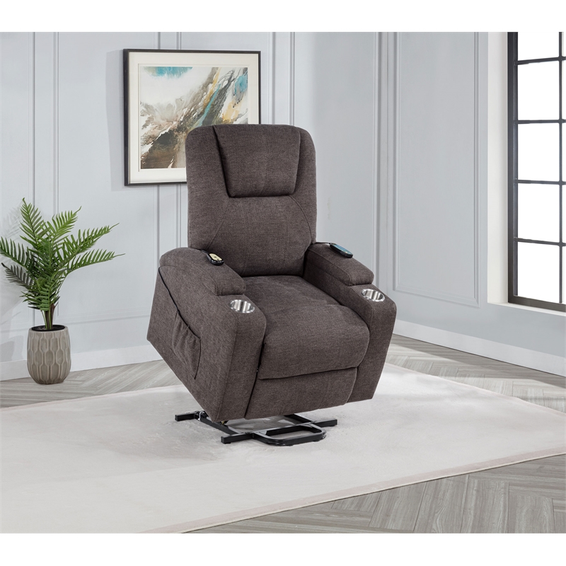 Pemberly Row Transitional Chenille Power Lift Massage Chair in Brown