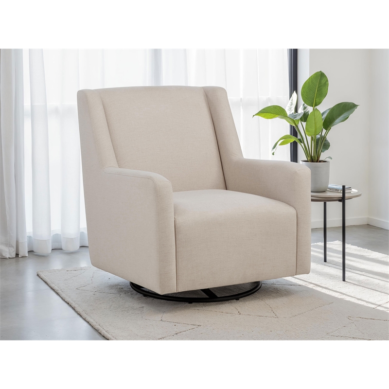 Pemberly Row Upholstered Fabric Swivel Glider Arm Chair in Latte