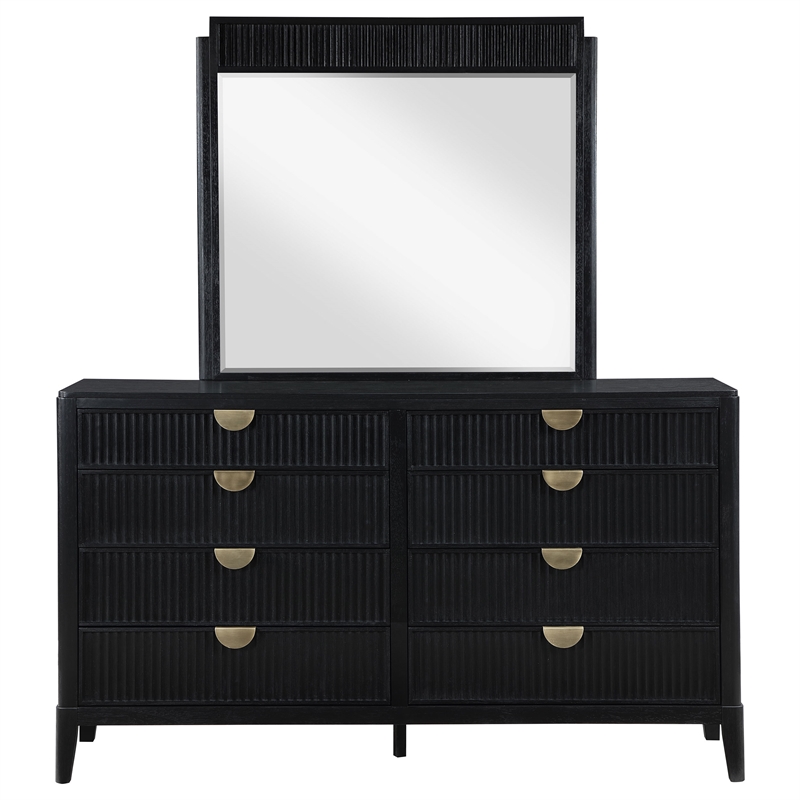 Pemberly Row 8-Drawer Fluted Dresser with Beveled Mirror in Black