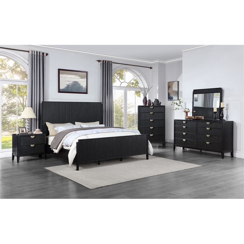 Pemberly Row 8-Drawer Fluted Dresser with Beveled Mirror in Black