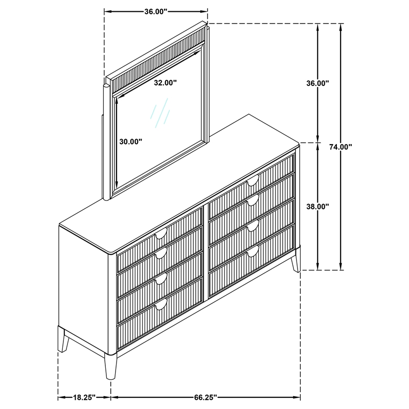 Pemberly Row 8-Drawer Fluted Dresser with Beveled Mirror in Black