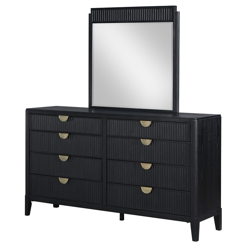 Pemberly Row 8-Drawer Fluted Dresser with Beveled Mirror in Black