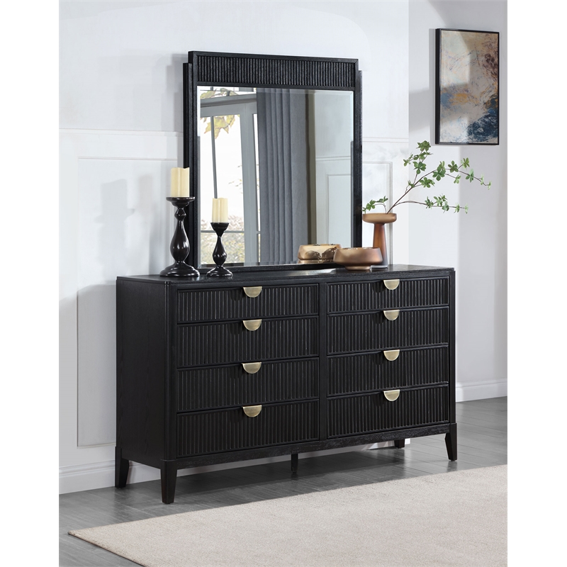 Pemberly Row 8-Drawer Fluted Dresser with Beveled Mirror in Black