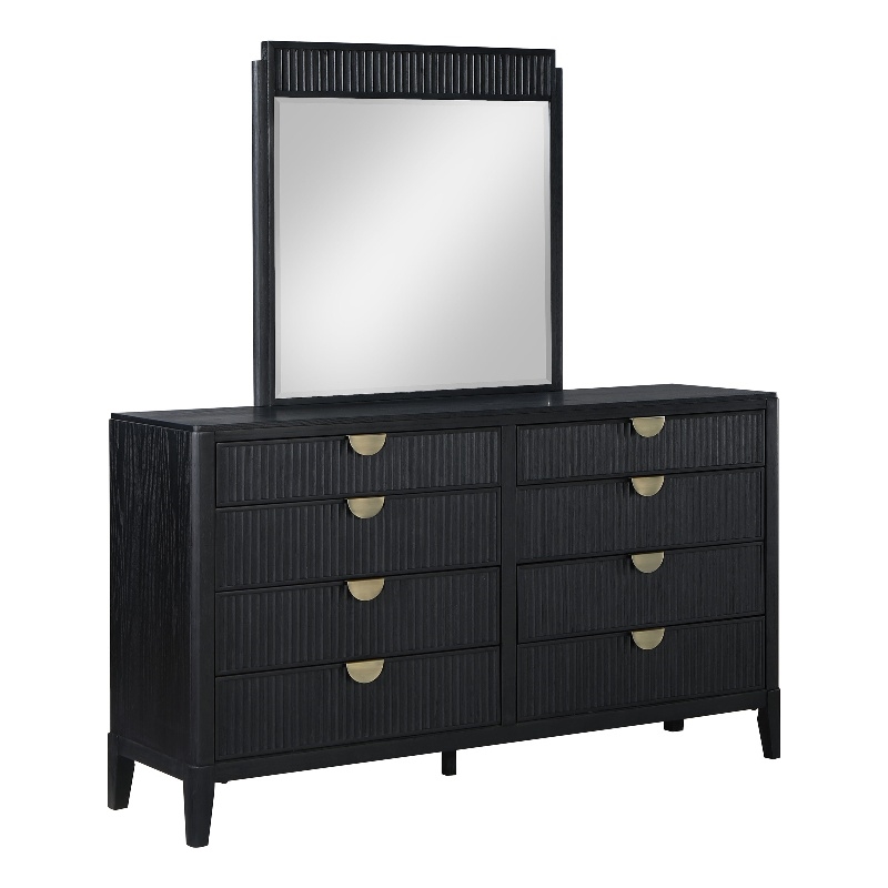 Pemberly Row 8-Drawer Fluted Dresser with Beveled Mirror in Black