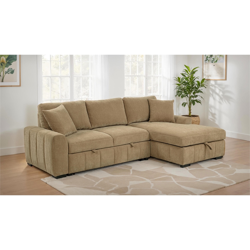 Pemberly Row Fabric Upholstered Sleeper Sectional Sofa RAF Chaise in Camel