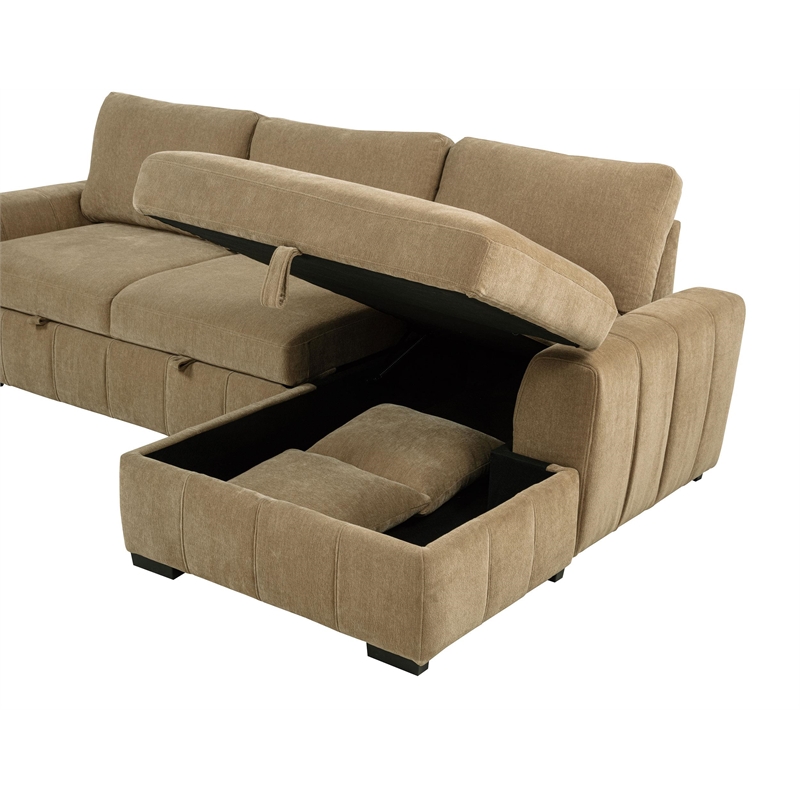 Pemberly Row Fabric Upholstered Sleeper Sectional Sofa RAF Chaise in Camel