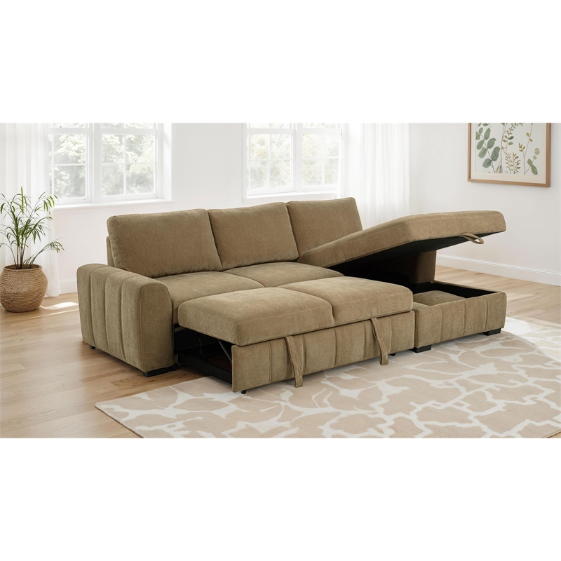 Pemberly Row Fabric Upholstered Sleeper Sectional Sofa RAF Chaise in Camel