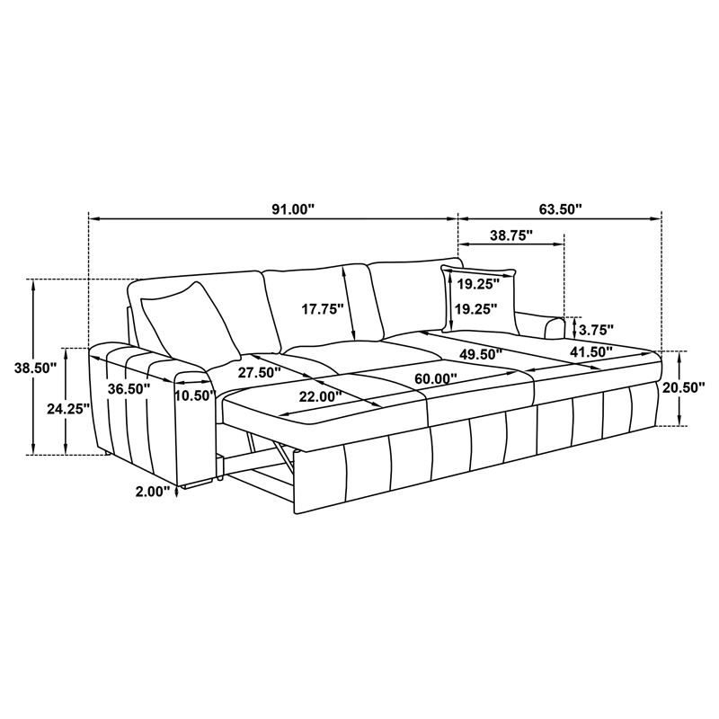Pemberly Row Fabric Upholstered Sleeper Sectional Sofa RAF Chaise in Camel