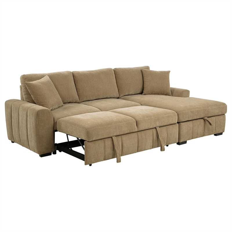 Pemberly Row Fabric Upholstered Sleeper Sectional Sofa RAF Chaise in Camel