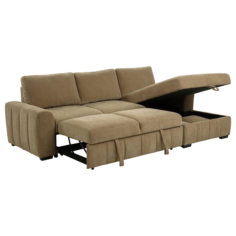 Pemberly Row Fabric Upholstered Sleeper Sectional Sofa RAF Chaise in Camel