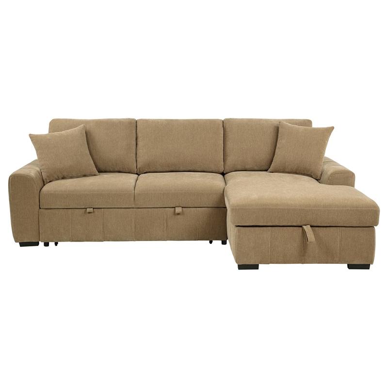 Pemberly Row Fabric Upholstered Sleeper Sectional Sofa RAF Chaise in Camel