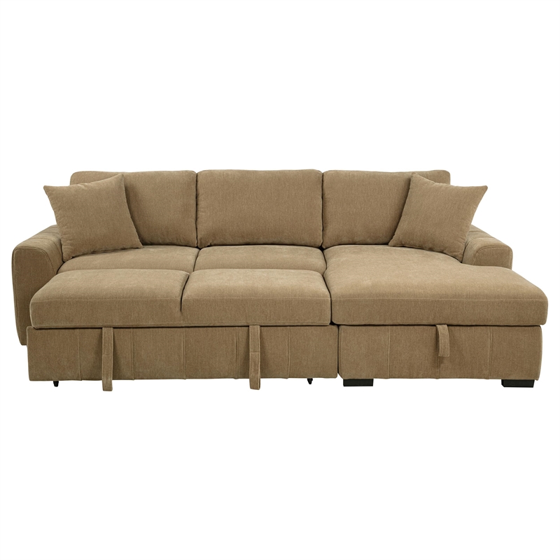 Pemberly Row Fabric Upholstered Sleeper Sectional Sofa RAF Chaise in Camel