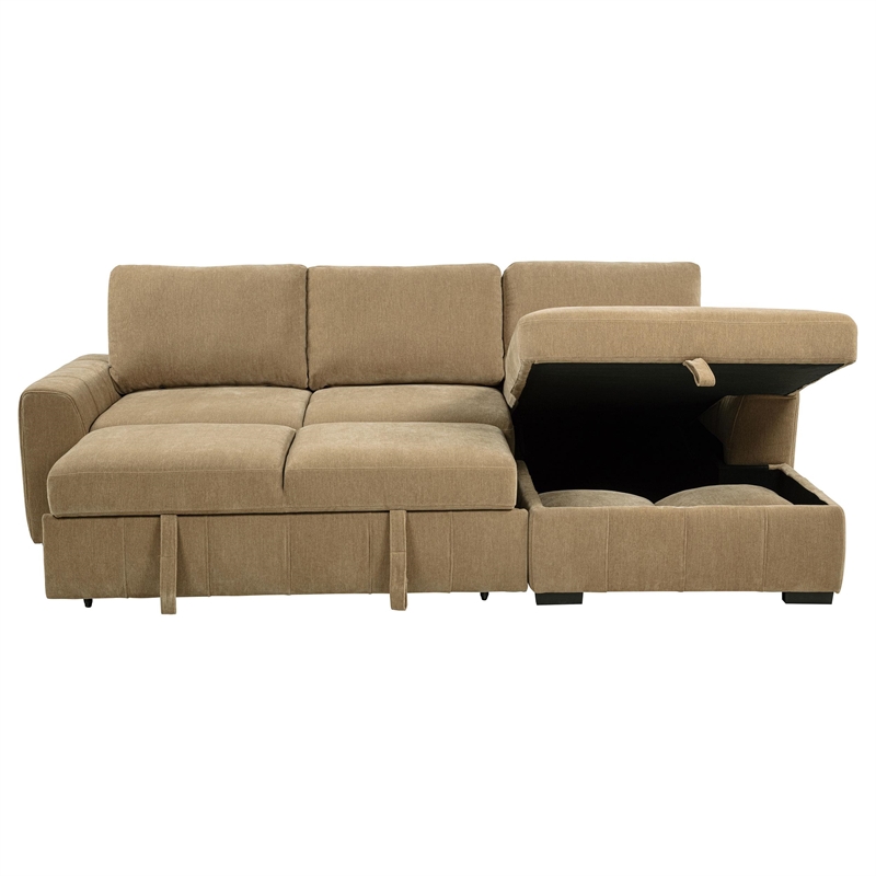 Pemberly Row Fabric Upholstered Sleeper Sectional Sofa RAF Chaise in Camel