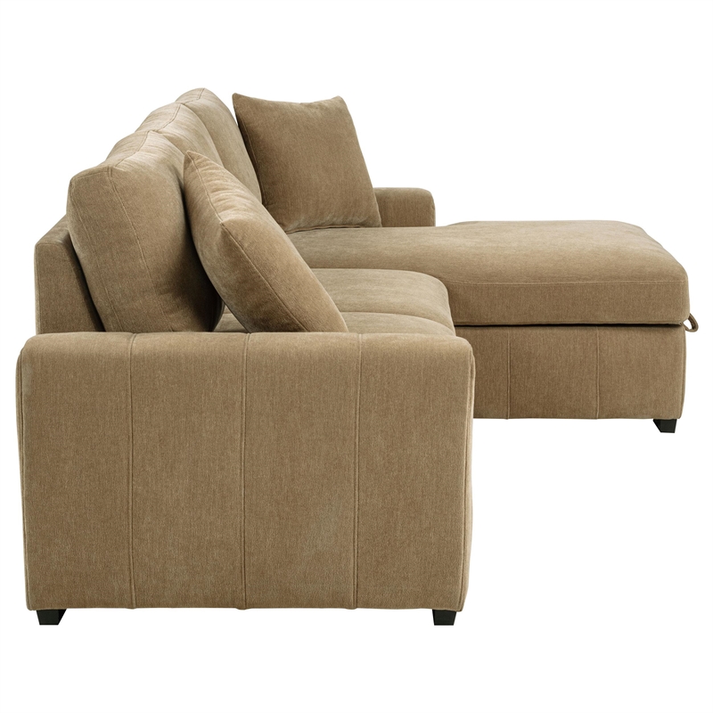 Pemberly Row Fabric Upholstered Sleeper Sectional Sofa RAF Chaise in Camel