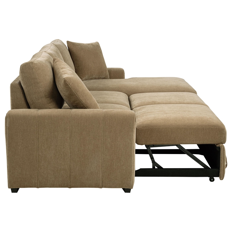 Pemberly Row Fabric Upholstered Sleeper Sectional Sofa RAF Chaise in Camel