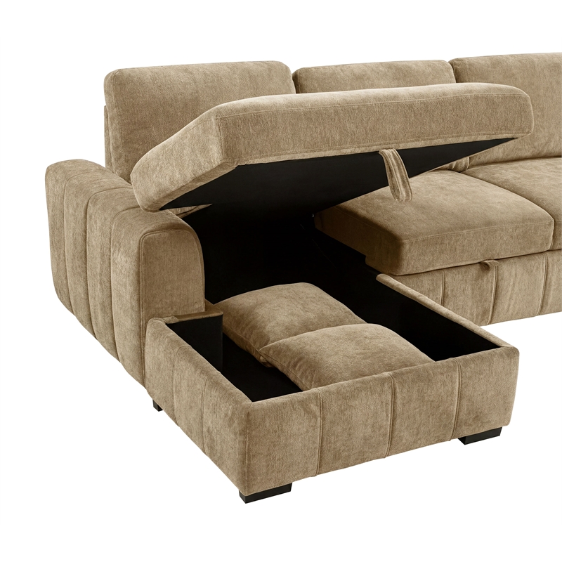 Pemberly Row Fabric Upholstered Sleeper Sectional Sofa LAF Chaise in Camel