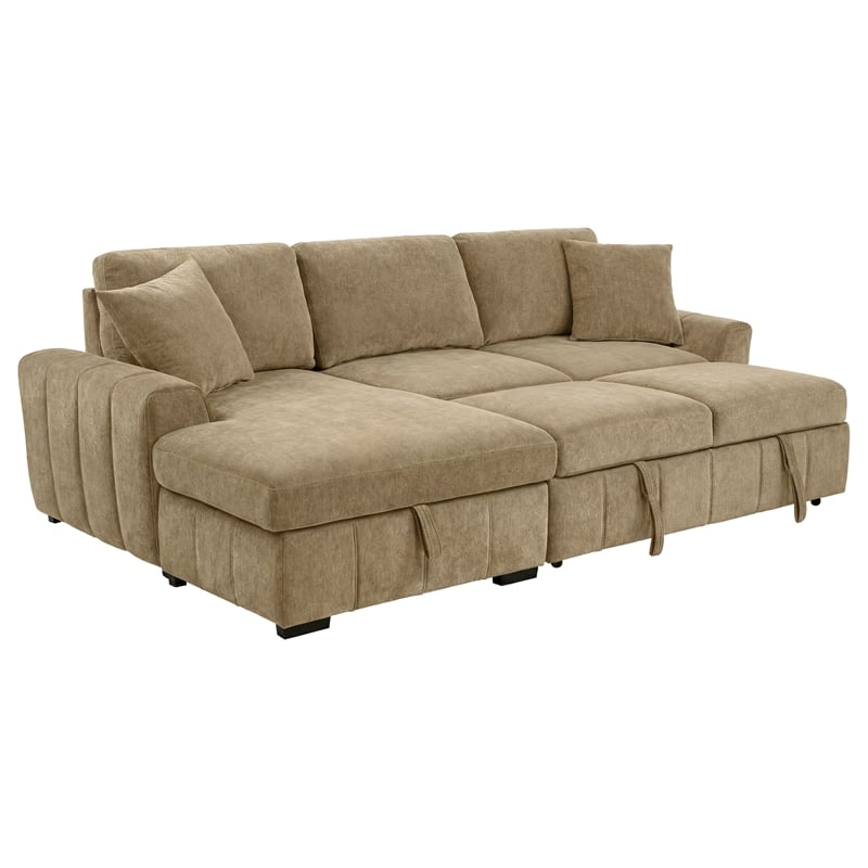 Pemberly Row Fabric Upholstered Sleeper Sectional Sofa LAF Chaise in Camel