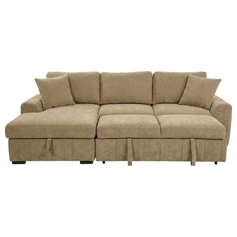 Pemberly Row Fabric Upholstered Sleeper Sectional Sofa LAF Chaise in Camel