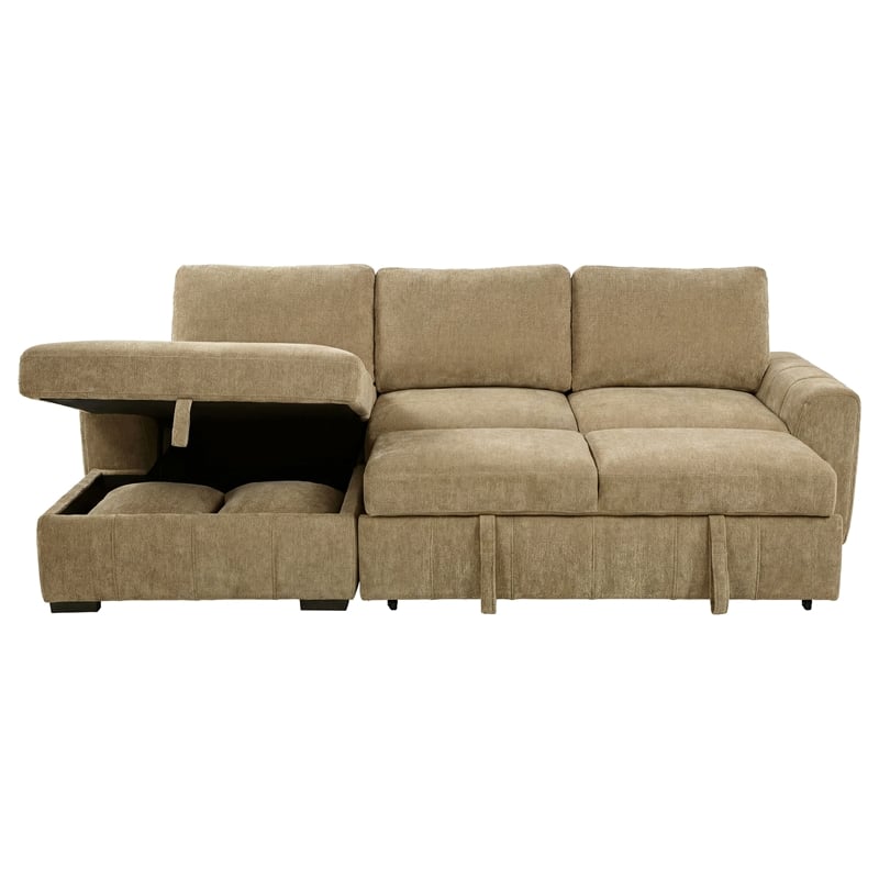 Pemberly Row Fabric Upholstered Sleeper Sectional Sofa LAF Chaise in Camel